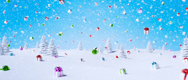 寒假背景与落下的礼物，雪和雪花3d渲染图片下载
