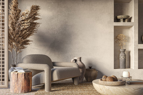Wabi sabi客厅内部。室内模型，3d渲染图片下载