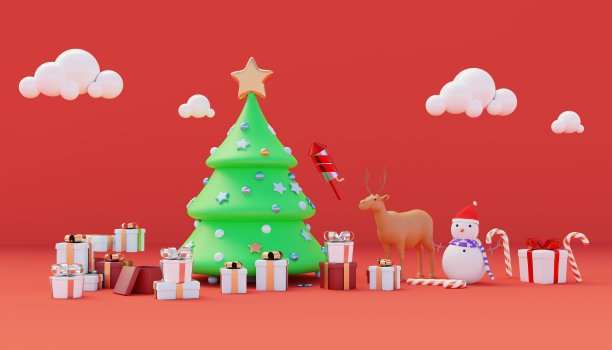 3d插图圣诞销售横幅与驯鹿，礼物，云和拐杖糖。可爱的圣诞树装饰着球和星星图片下载