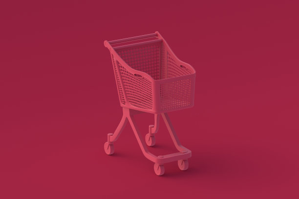 红色背景上品红的购物车。2023年的流行色。三维渲染图片下载