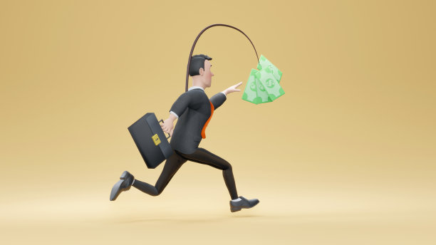 3 d渲染。紧张的商人追着一张钞票，吊在鱼竿上图片下载
