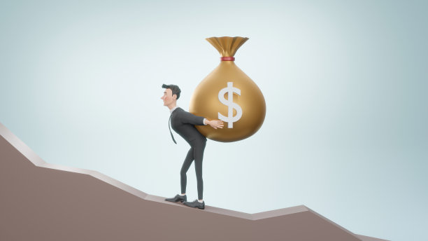 3 d渲染。商业概念平坦快乐的商人提着钱袋发薪日。男经理拿着一大袋钱。工人背着又大又重的袋子装满现金。图片下载