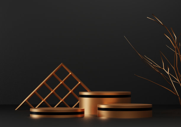奢华的金色背景与金色底座或讲台模型，空平台的产品展示和演示，3d渲染图片下载