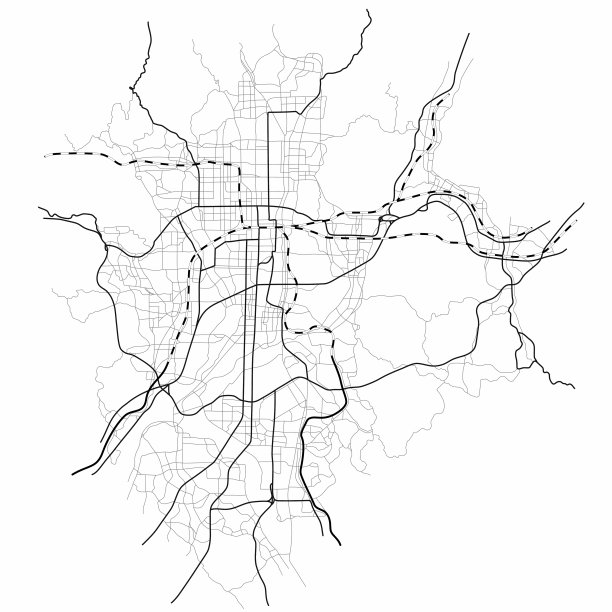 京都城市图(日本)——城镇街道平面图。道路方案单色线图。城市环境，建筑背景。向量图片下载