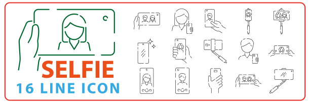 自拍线图标设置。用智能手机或网络摄像头、数码相机拍摄的自己的照片，并通过社交媒体分享。矢量自拍杆插图图片下载