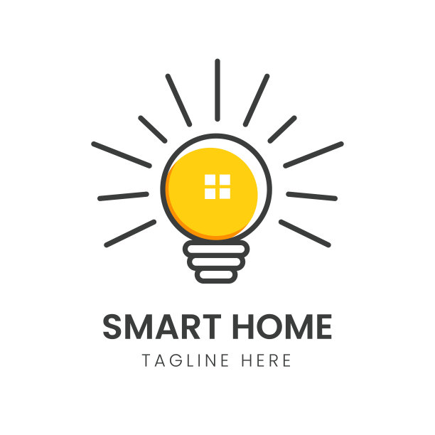 灯泡发光带有房屋窗户、智能家居图标、家居能量符号标志矢量。现代设计。平的标志。矢量图图片下载