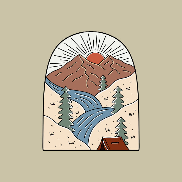 露营自然与日出视图单线矢量设计徽章，贴纸，补丁，t恤矢量设计图片下载