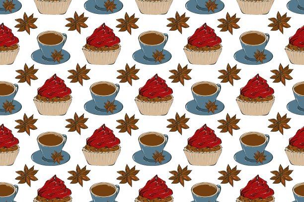 咖啡杯，香料和饼干的接缝图案。圣诞收藏，手绘插画图片下载