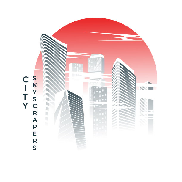 在落日的背景下，摩天大楼在云层中。矢量图图片下载