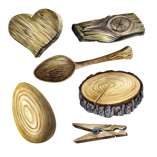 木制品，旧木板和圆木切割。水彩插图孤立的白色背景。图片下载