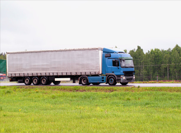一辆带半挂车的现代卡车在阴雨天气下以森林为背景运输货物。货物通过公路运输，物流交付。货物进出口。文本复制空间图片下载