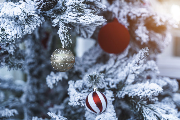 圣诞快乐，近距离彩色球，礼盒和圣诞祝福图片包裹，在白色雪绿色圣诞树背景装饰圣诞节和新年。图片下载