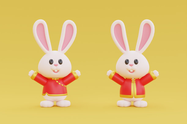 3D可爱的兔子卡通人物孤立在黄色背景，元素为中国新年，中国节日，农历，CYN 2023，兔年，3D渲染。图片下载