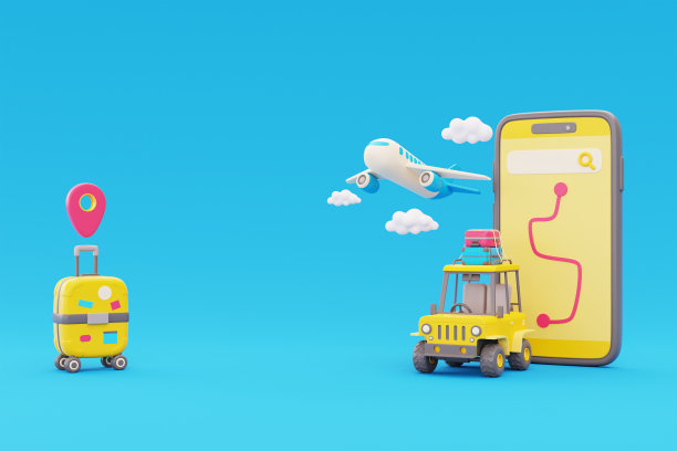 飞机在云端飞行，智能手机地图路线导航，越野汽车和行李箱，旅游和旅行概念，假日度假，自然之旅，3d渲染。图片下载