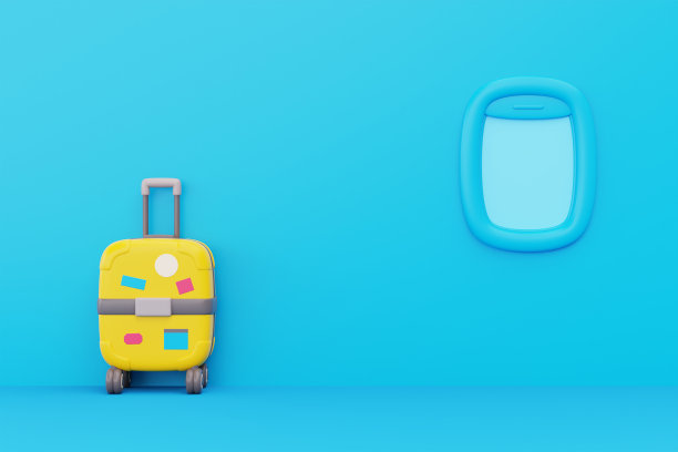 3D行李箱，蓝色背景上的飞机窗口，旅游和旅游概念，假期假期，全球旅行旅程，3D渲染。图片下载