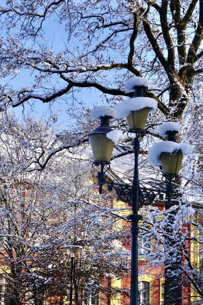 美丽的老房子隐藏在雪中的树后面。冬天树后隐藏的房子。巴伐利亚美丽的冬天。冬天的老房子。美丽的老房子在雪下。图片下载