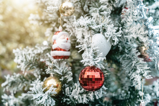 圣诞快乐，近距离彩色球，礼盒和圣诞祝福图片包裹，在白色雪绿色圣诞树背景装饰圣诞节和新年。图片下载