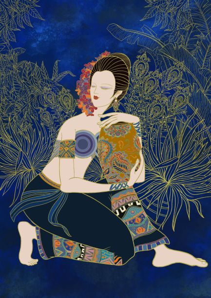 一个年轻的中国女性坐在大自然中，拿着一个罐子图片下载