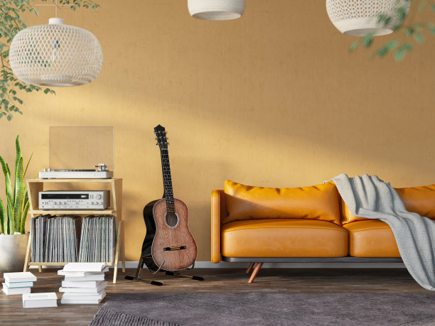 放松概念舒适的客厅与吉他唱片和书籍图片下载