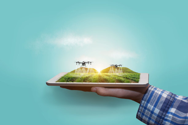 农业无人机飞向甘蔗田喷洒肥料。智能农民将无人机用于研究分析、地形扫描技术、智能技术概念等各个领域。图片下载