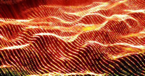 摘要明亮发光的黄色太阳波和线从粒子和点的形式与一个模糊的效果场。抽象的背景图片下载