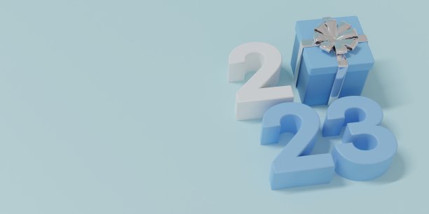 2023年新年概念，低浮雕数字2023和礼盒，在最小的浅蓝色背景上复制空间- 3d渲染。图片下载