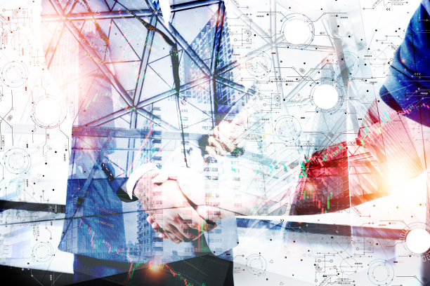 双曝光照片。图片混合建筑城市和商人握手显示自信。图片下载