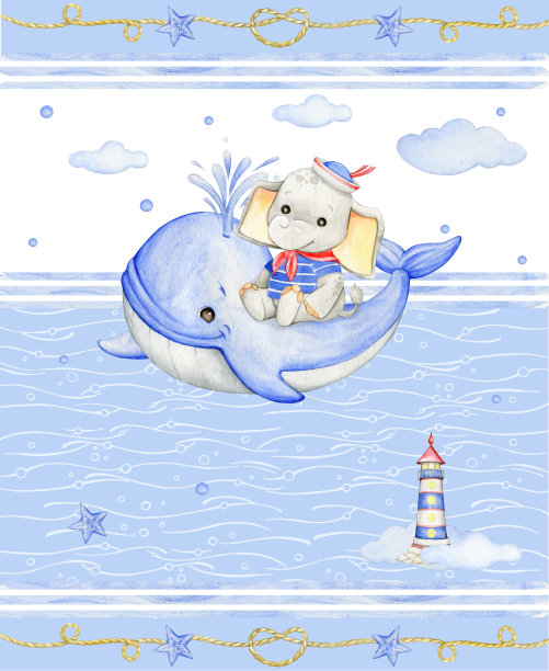 一只可爱的小象穿着水手服骑着鲸鱼。水彩卡通风格的剪纸在一个孤立的背景。图片下载