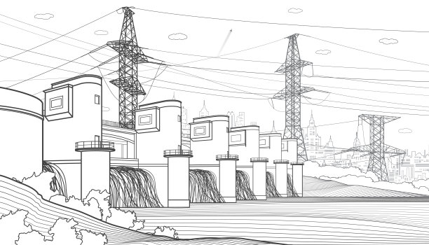 水力发电厂。河大坝。可再生能源。高压传输系统。电杆。电线。城市基础设施产业概况说明。矢量设计艺术图片下载