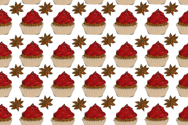 咖啡杯，香料和饼干的接缝图案。圣诞收藏，手绘插画图片下载