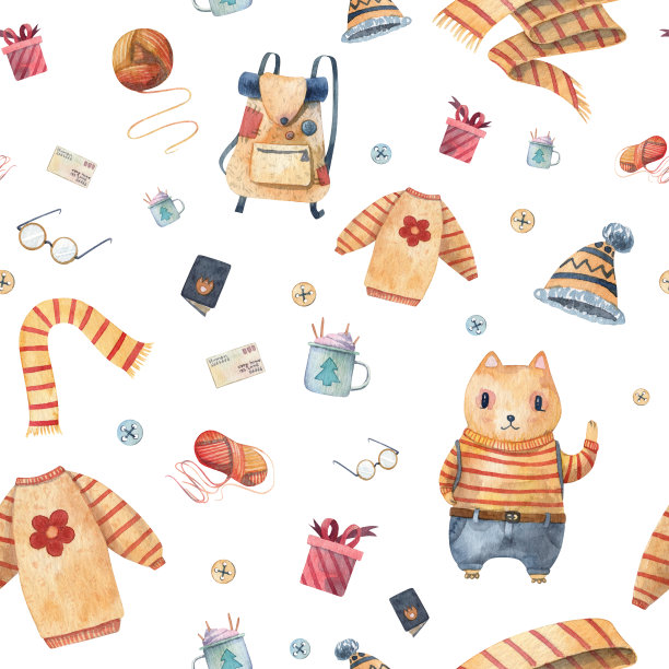 可爱的幼稚图案与卡通动物人物和详细的对象图片下载