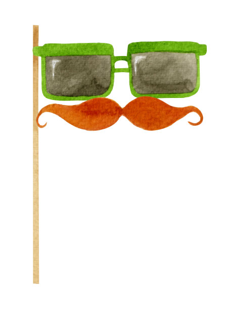 水彩元素，绿色太阳镜和姜黄色胡须贴，化妆舞会装饰孤立在白色背景。图片下载