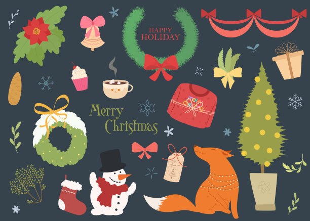 圣诞节以黑暗为背景。狐狸，圣诞树，圣诞玩具，雪花，礼物和植物图片下载