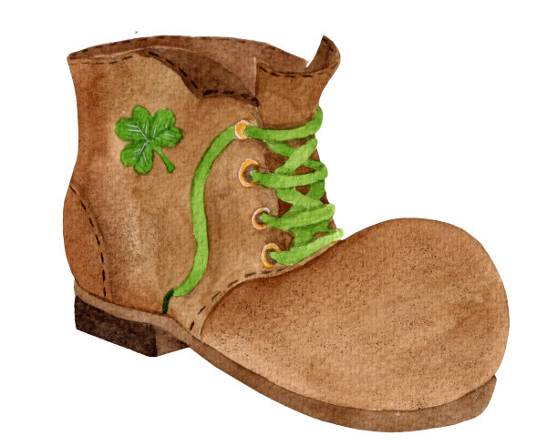 水彩插图，棕色妖精鞋在复古风格与三叶草叶孤立在白色背景。图片下载