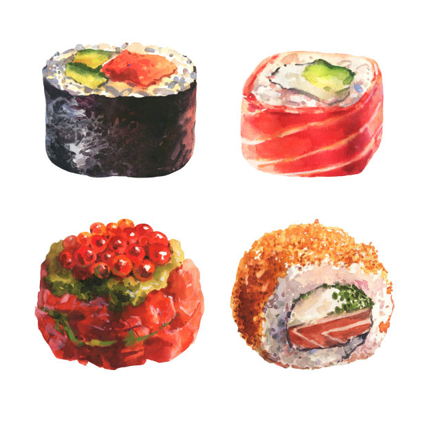 水彩手绘一套卷。白色背景下的日式料理。图片下载