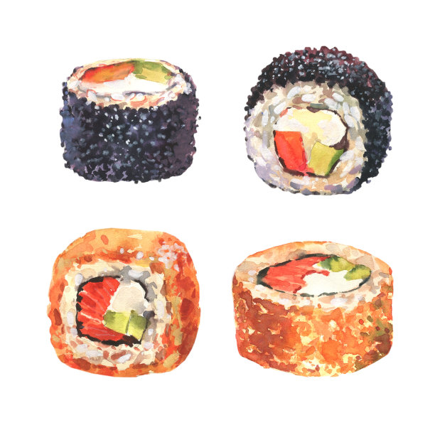 水彩手绘一套卷。白色背景下的日式料理。图片下载