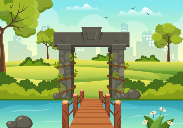 门户与夏季景观石拱门入口公园，绿草或花园在平面卡通手绘模板插图图片下载