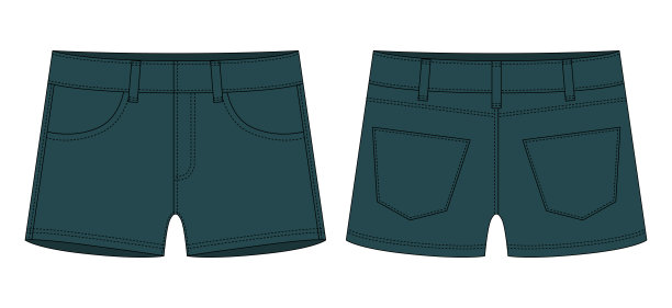 牛仔短带口袋技术草图。深绿色。儿童牛仔裤短裤设计模板。图片下载