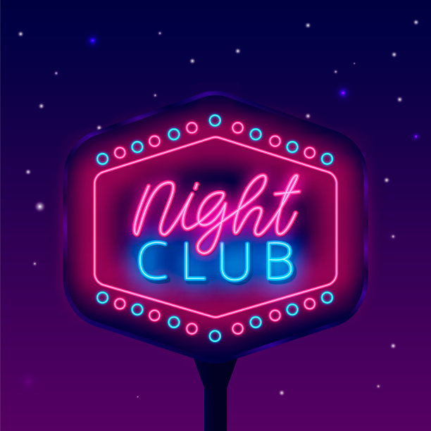 夜总会霓虹灯街广告牌。复古框架与圆形装饰。光广告。矢量股票图图片下载