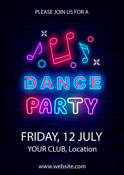 舞会霓虹灯海报。音符。闪亮的装饰。发光的贺卡。矢量股票图图片下载