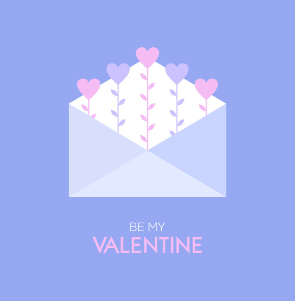 做我的情人-情人节卡片。信封与心形茎内在紫色的背景。平面矢量图图片下载