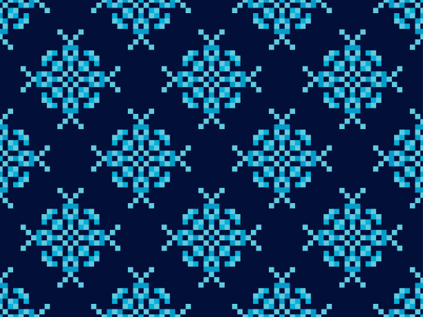 像素雪花无缝图案。圣诞冬季背景像素艺术风格。80年代电子游戏风格的8位图形。矢量图图片下载