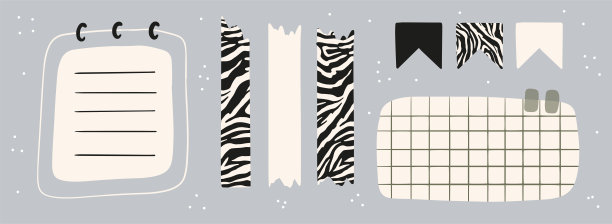 一套可爱的剪贴簿纸笔记和可打印的元素。工作清单和每周日志计划模板。简单的便签纸。矢量插图与斑马印花图片下载