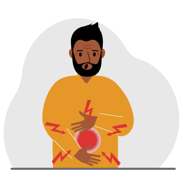 肠子、胃或腹部的螺钉有问题。一个男人把手放在腹部疼痛的地方。图片下载