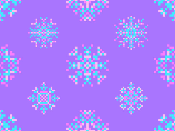 像素雪花无缝图案。圣诞冬季背景像素艺术风格。80年代电子游戏风格的8位图形。矢量图图片下载