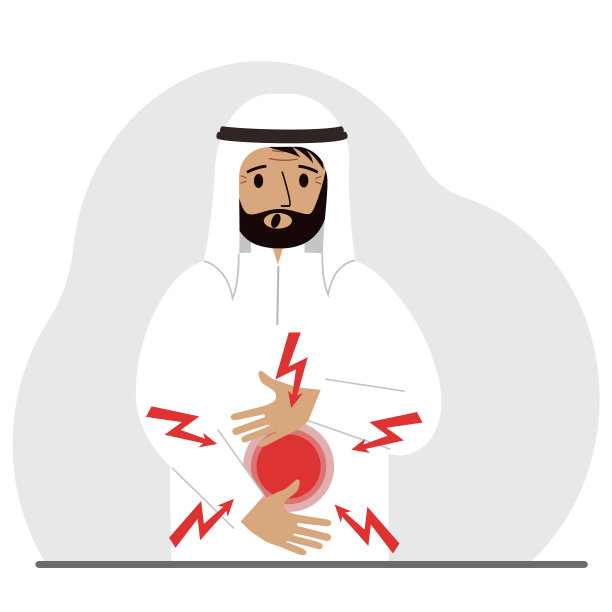 肠子、胃或腹部的螺钉有问题。一个男人把手放在腹部疼痛的地方。图片下载