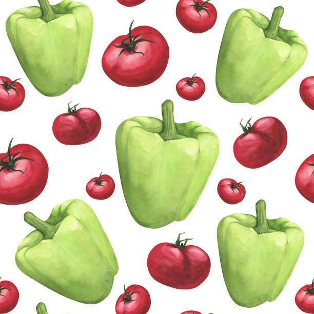 熟番茄，青椒白上无缝花纹。水彩手绘插图。装饰艺术图片下载