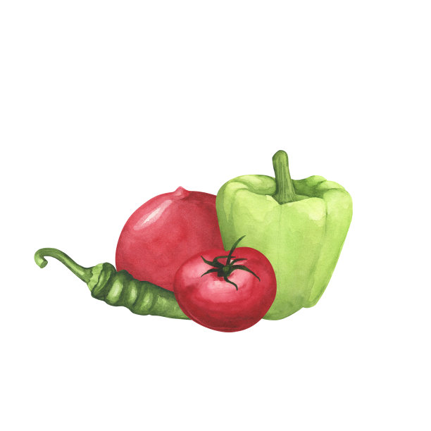 熟番茄，青椒，甜椒，白底。水彩手绘插图。艺术装饰图片下载