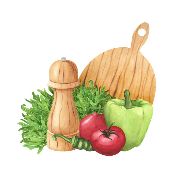 芝麻菜，木制胡椒磨，切菜板，西红柿，白色的青椒。水彩手绘插图图片下载