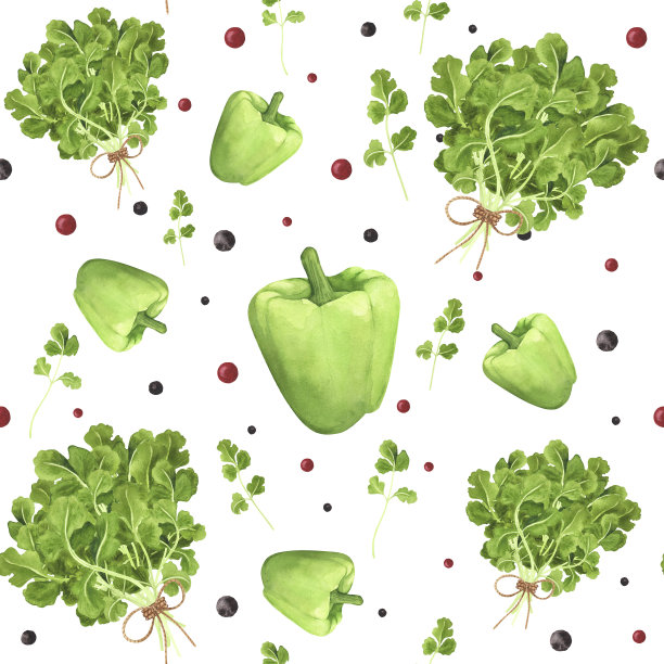 新鲜香菜、甜椒、白椒花纹无缝。水彩手绘插图。装饰艺术图片下载